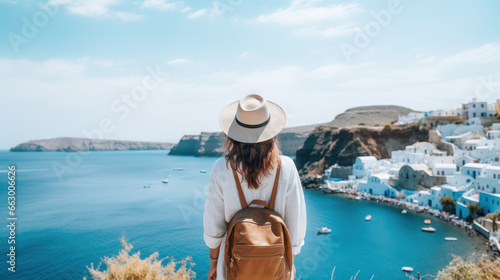 Tourist Woman with Hat and Backpack in Santorini, Greece. Wanderlust concept.