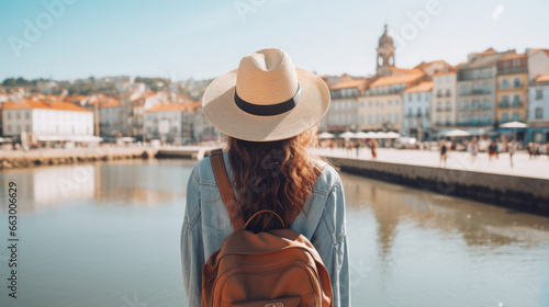 Tourist Woman with Hat and Backpack in XXX. Wanderlust concept. © DVS