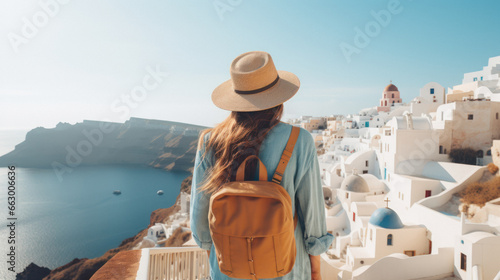 Tourist Woman with Hat and Backpack in Santorini, Greece. Wanderlust concept.