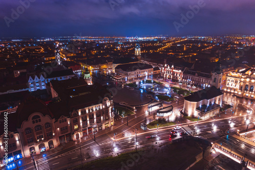 Aerial art nouveau historical a scenic aerial view of Oradea with a beautiful river winding through the historic city incity Oradea, Bihor, Romania photo