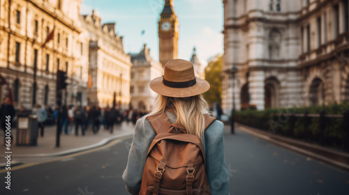 Tourist Woman with Hat and Backpack in London. Wanderlust concept.