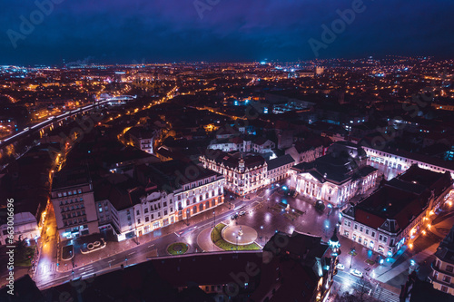 Aerial art nouveau historical a sprawling cityscape with impressive architectural diversity and a blend of modern and historic buildings, captured from above incity Oradea, Bihor, Romania