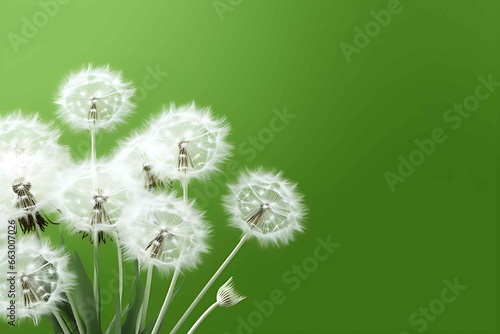 Creative green background with white dandelions. Trendy color. Concept for festive background or for projects. Close-up, copyspace for text