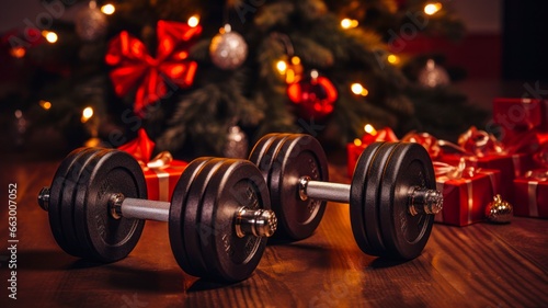 Festive Gym Essentials: Top View of Red-and-Black Fitness Equipment with Sparkling Holiday Lights on Wooden Background