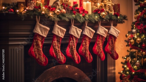 Festive Red and Silver Stockings Adorn the Mantle and Tree During the Holiday Season