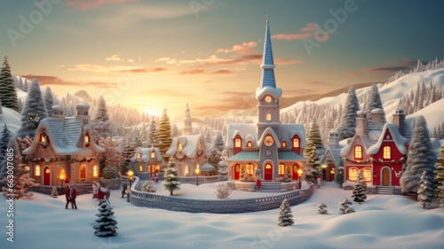 Festive Village Center on Christmas Eve: 3D Illustration of a Christmas Town with Church, Decorations, and Gatherings