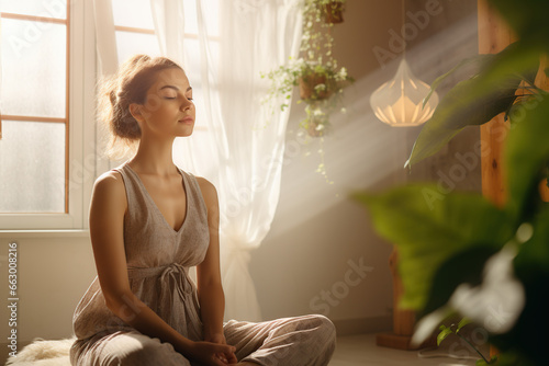a young woman meditating at home in early morning light