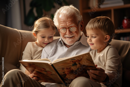grandfather reading a storybook to grandchildren on cozy couch photo