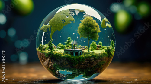Crystal Earth  the concept of preserving a green planet with a green earth under a blue sky in a protective shell. Generative AI