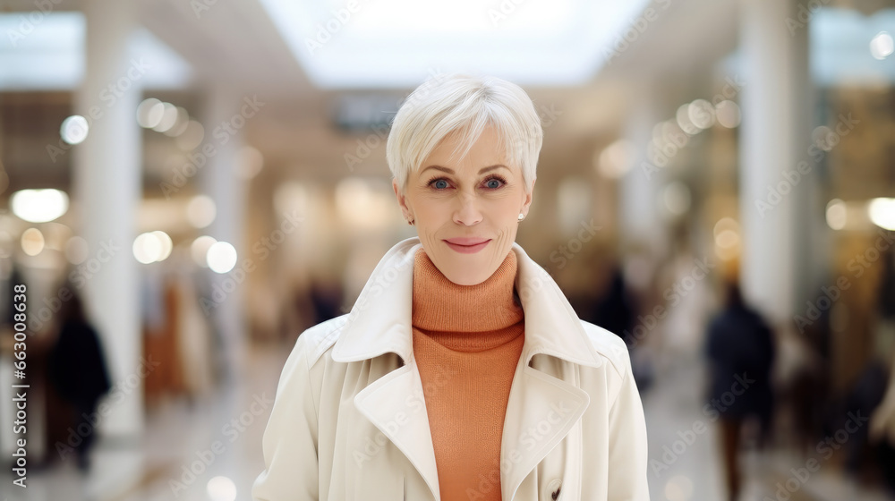 This image features a happy mature woman in an elegant coat, enjoying her shopping spree during a mall sale. This image features a happy mature woman in an elegant coat, enjoying her shopping spree during a mall sale.