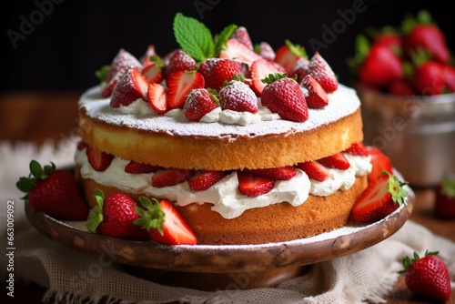 A delicious cake topped with fresh strawberries. Generative AI