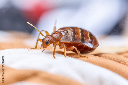 Close up of a single bed bug on fabric in a house