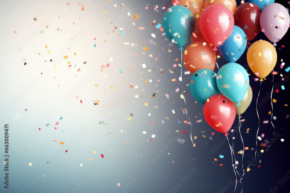 This image features vibrant helium balloons with confetti, perfect for a festive postcard template. This image features vibrant helium balloons with confetti, perfect for a festive postcard template.