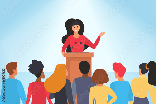 Confident speech of speaker in front of audience vector illustration. Cartoon young woman orator standing behind podium with microphones to speak in front of crowd of people, presentation of leader