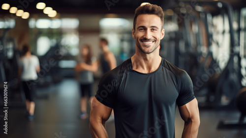 A fitness coach  in a gym setting  enthusiastically holds both thumbs up  exuding positivity and motivation  with a blurred gym background.