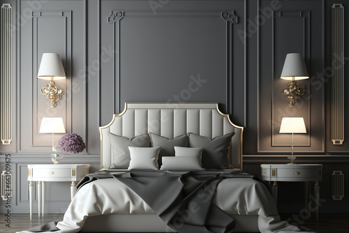 Neoclassical interior design for a bedroom. Generative AI photo