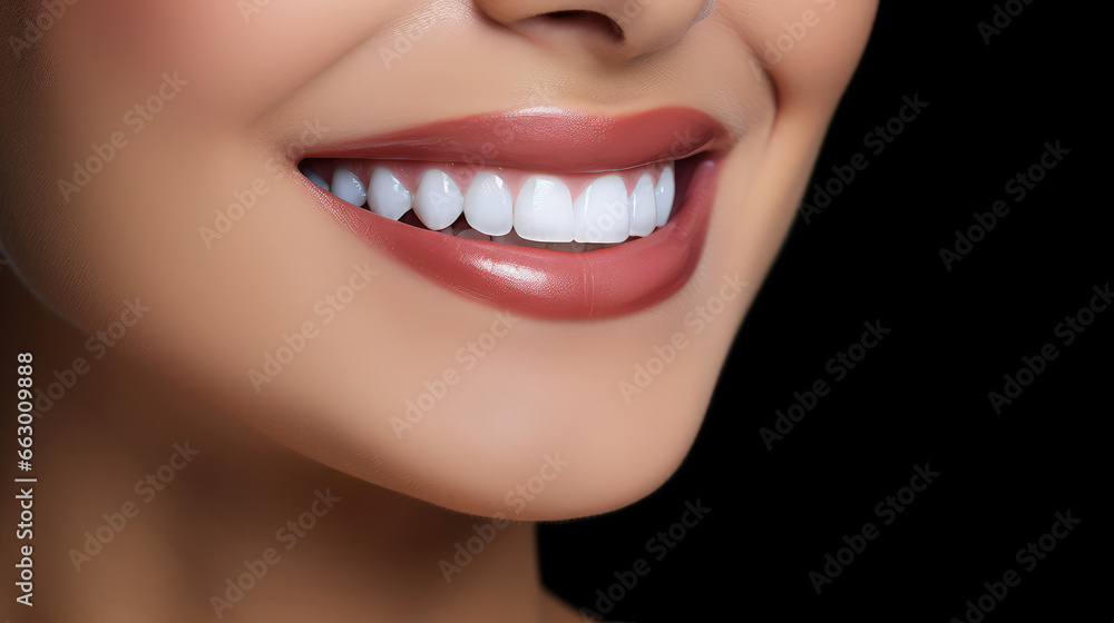 Banner with close-up of a beautiful smiling woman with white perfect teeth isolated on dark black. Banner with close-up of a beautiful smiling woman with white perfect teeth isolated on dark black.