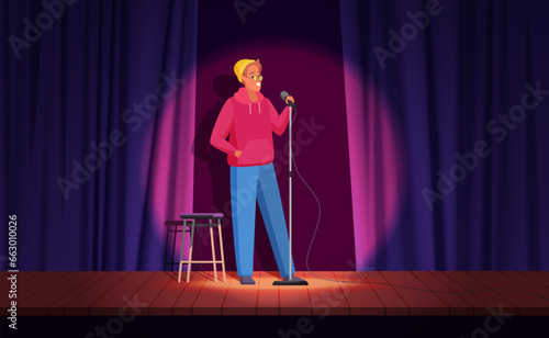 Comedy live show with male comic vector illustration. Cartoon funny guy in hoodie and hat standing in spotlight on wooden stage at microphone to present performance, comedic monologue and jokes