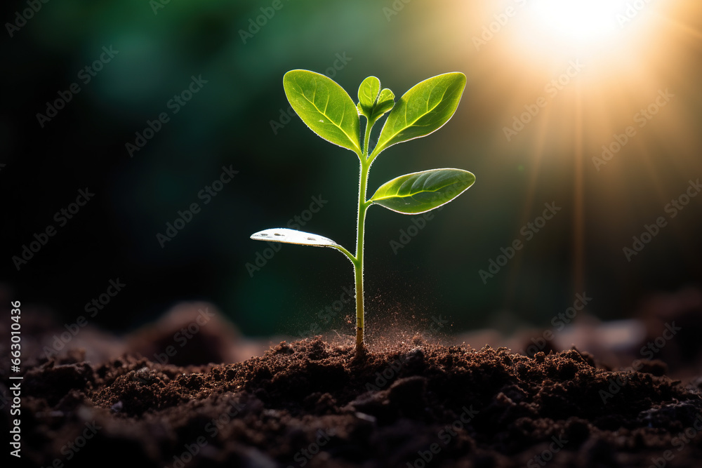 Seedling are growing from the rich soil to the morning sunlight that is shining, ecology concept. black background, new life concept, young plant growth in dirt copy space