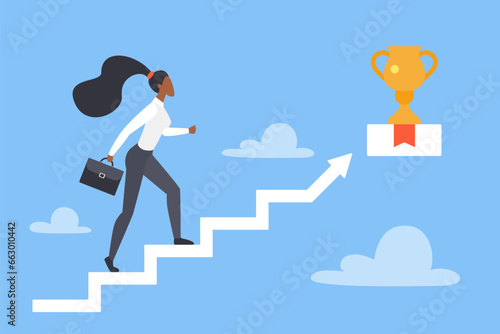 Businesswoman climbing career ladder vector illustration. Cartoon ambitious female leader and entrepreneur going up stairs to success victory and leadership, motivation for climb is winners gold cup