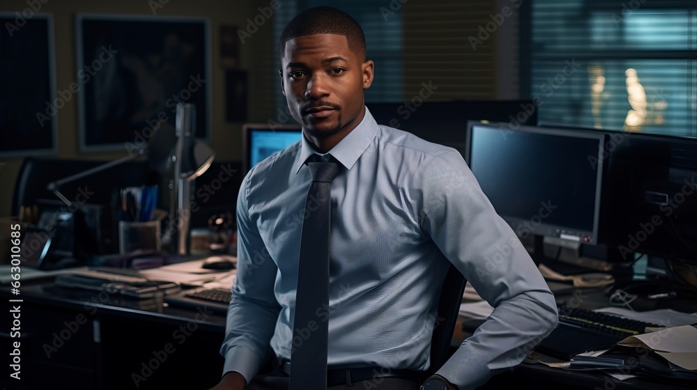 A confident business man in an office setting. Generative AI. A confident business man in an office setting. Generative AI.