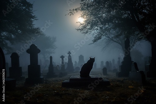 Eerie graveyard under moonlight, black cat perched on tomb amidst fog and bats. Generative AI