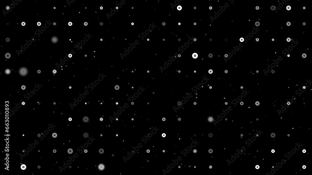 Template animation of evenly spaced pause symbols of different sizes and opacity. Animation of transparency and size. Seamless looped 4k animation on black background with stars Template animation of evenly spaced pause symbols of different sizes and opacity. Animation of transparency and size. Seamless looped 4k animation on black background with stars