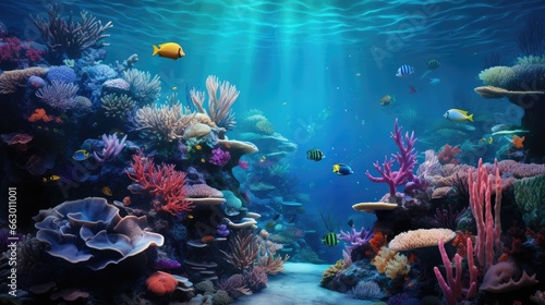 An image of an underwater world with a group of sea creatures and vibrant coral reefs.