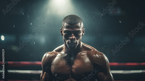 Image of a boxer standing in the center of the ring. © kept