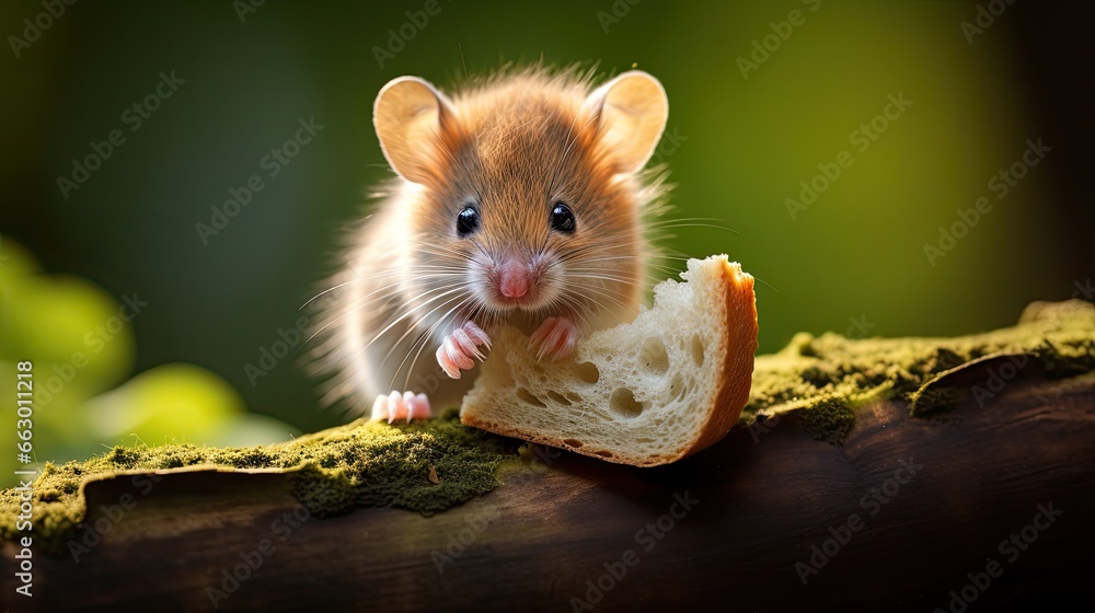 Fototapeta premium Image of a tiny mouse with a small piece of bread.