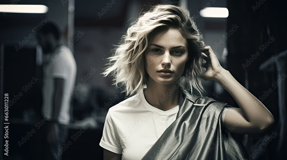 Image of a young woman in a modern hair salon.
