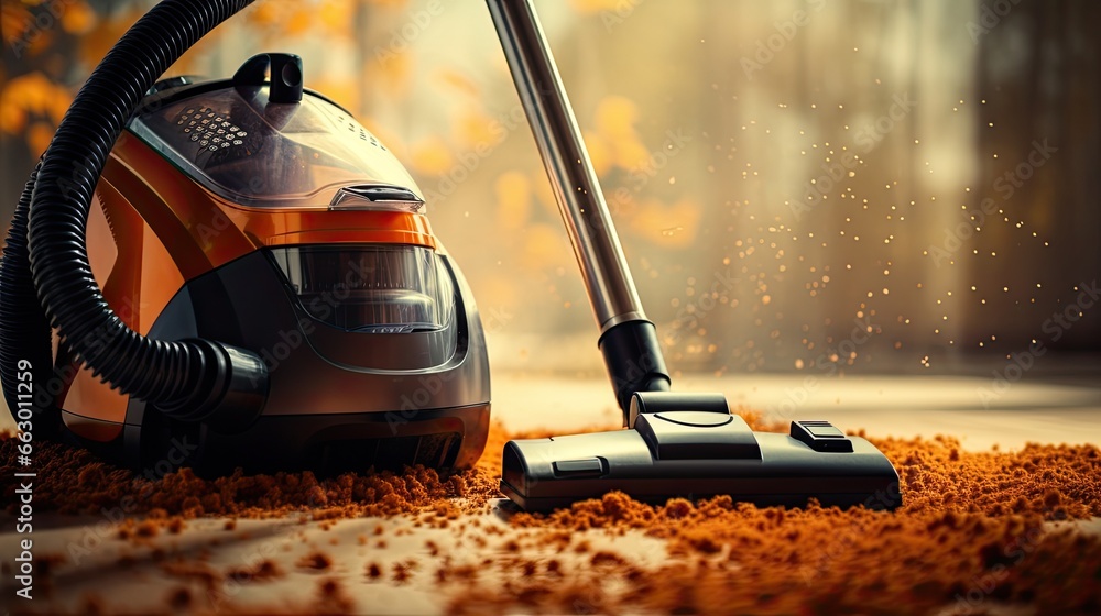 Fototapeta premium Image of vacuuming a carpet, with the vacuum cleaner.