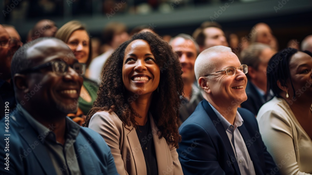 Obraz premium Diverse audience enjoying a business conference; attention foused on off-screen speaker