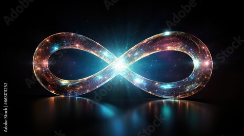 Image of holographic infinity symbol in space void.