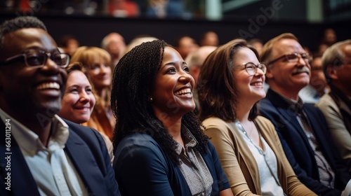 Diverse audience enjoying a business conference; attention foused on off-screen speaker