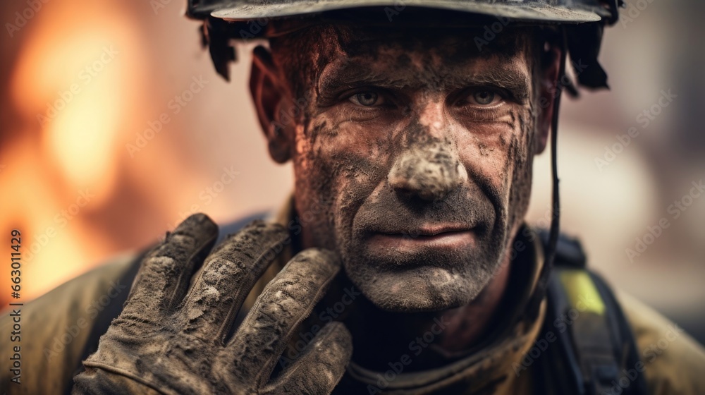 A firefighter with scars on his face and hands from battling intense flames. He has a deep sense of purpose in his job, knowing that his scars are a symbol of the lives he has saved. A firefighter with scars on his face and hands from battling intense flames. He has a deep sense of purpose in his job, knowing that his scars are a symbol of the lives he has saved.