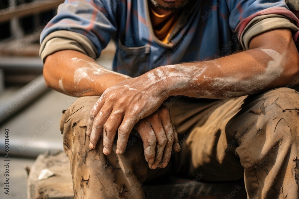 A construction worker with scars on his hands and legs from various accidents on the job. Despite the physical toll, he loves his job and takes pride in being able to build and create with - obrazy, fototapety, plakaty 