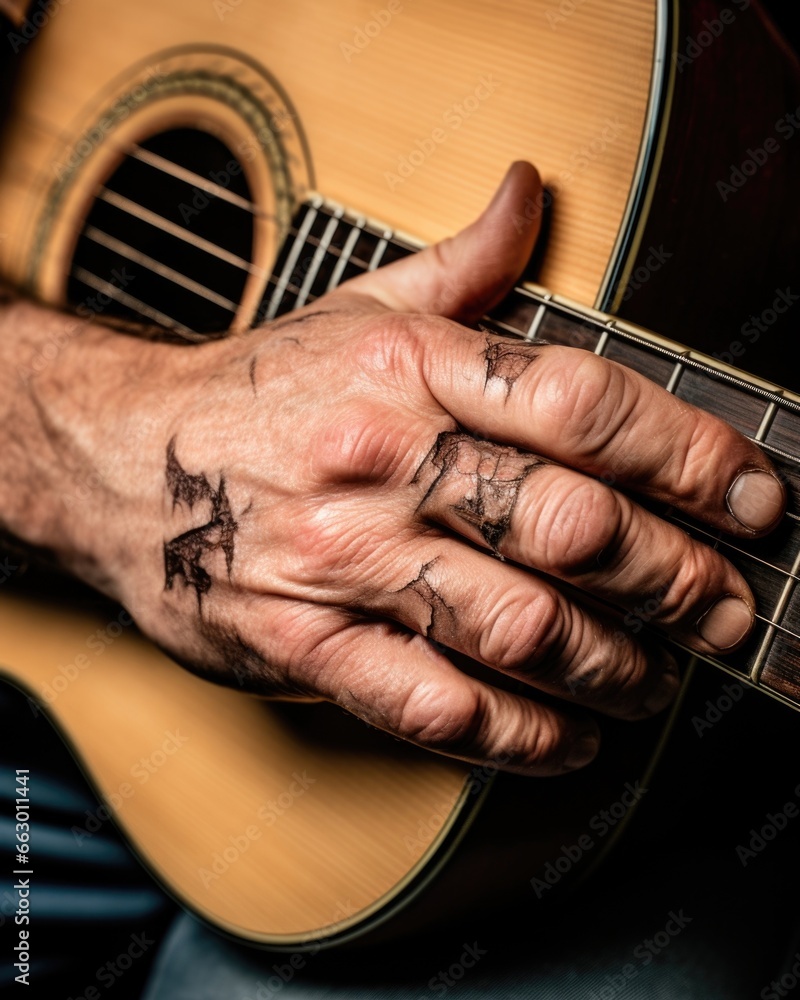 A musician with a scar on their finger from an accident while playing guitar. They continue to pursue their passion for music and use their scar as a reminder to always be attentive and A musician with a scar on their finger from an accident while playing guitar. They continue to pursue their passion for music and use their scar as a reminder to always be attentive and