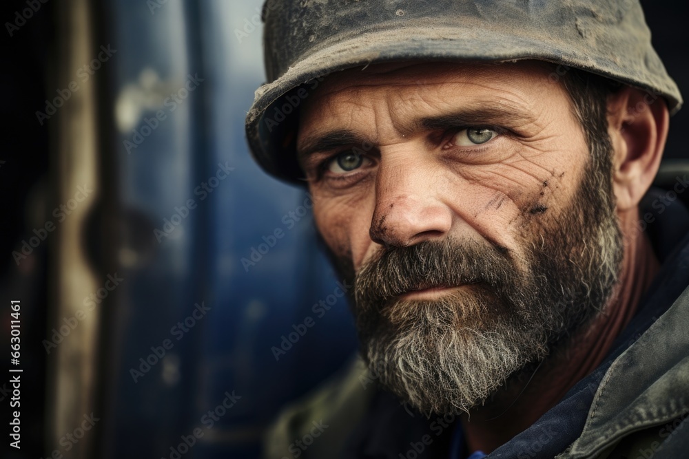A middleaged man who works as a mechanic has acne scars on his temples and jawline. His job requires him to wear a lot of heavy machinery and protective gear, which can be uncomfortable A middleaged man who works as a mechanic has acne scars on his temples and jawline. His job requires him to wear a lot of heavy machinery and protective gear, which can be uncomfortable