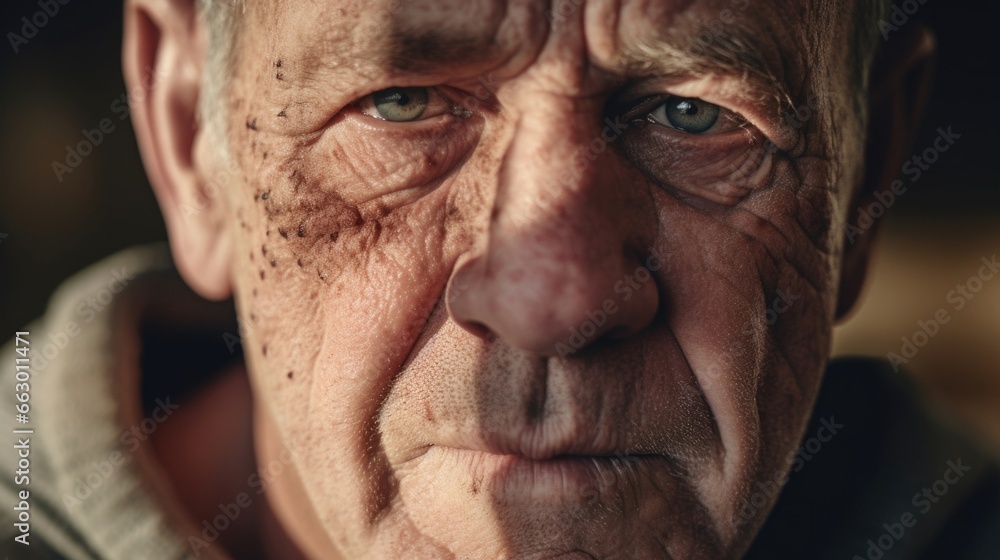 A retired army veteran has visible acne scars on his face, neck, and arms. He developed acne during his service, due to harsh weather conditions and stress. Despite his physical scars, he A retired army veteran has visible acne scars on his face, neck, and arms. He developed acne during his service, due to harsh weather conditions and stress. Despite his physical scars, he