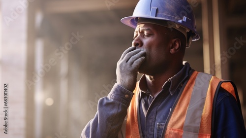 A construction worker with asthma takes a break from his physically demanding job to catch his breath and use his inhaler. His job may be challenging for someone with asthma, but he loves photo