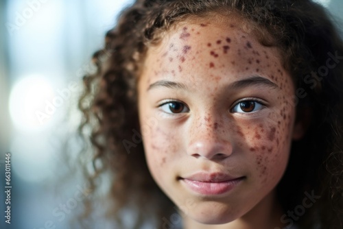 A young scientist with a birthmark on her face, using her research to educate others about the psychological effects of living with a visible difference. She hopes to break societal stigma photo