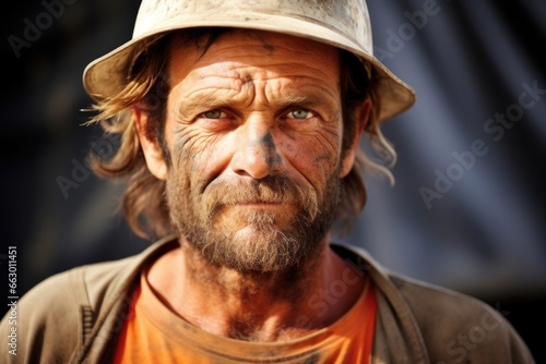 A middleaged man with a rugged appearance and stubble on his face has prominent acne scars on his and forehead. He works as a construction worker, where he spends long hours in the sun and