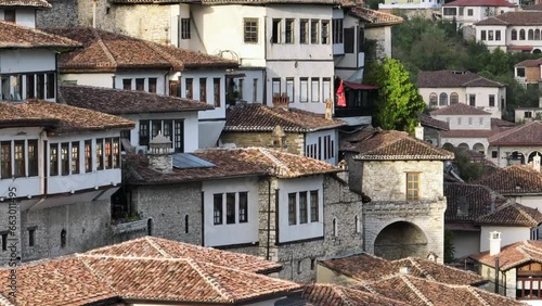 Aerial Drone telephoto Long Focal Length Shot ofHouses in Berat city in Albania. Historical oriental houses in old town. photo