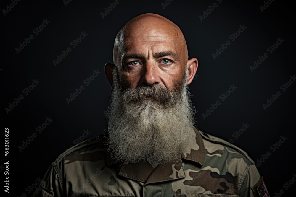 An older man with a full beard and no hair on his head due to alopecia. He is a retired military officer and struggled with his image as a bald man in a traditionally macho environment. An older man with a full beard and no hair on his head due to alopecia. He is a retired military officer and struggled with his image as a bald man in a traditionally macho environment.