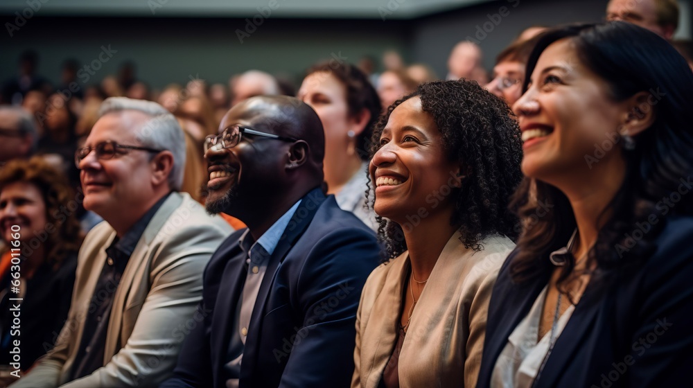 Diverse audience enjoying a business conference; attention foused on off-screen speaker Diverse audience enjoying a business conference; attention foused on off-screen speaker
