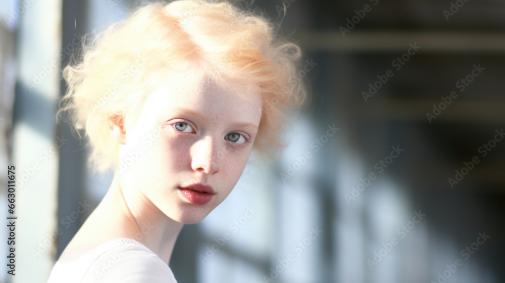 A young girl with albinism stands tall and confident, her pale skin almost glowing in the sunlight. Her hair, a stark contrast in pure white, is styled in a trendy pixie . Despite the stares A young girl with albinism stands tall and confident, her pale skin almost glowing in the sunlight. Her hair, a stark contrast in pure white, is styled in a trendy pixie . Despite the stares