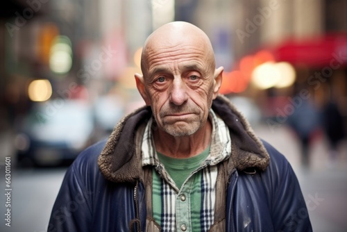 An older man with a full head of hair, except for a few tered bald spots due to alopecia. He is a retired construction worker and has always been embarrassed by his hair loss. His wife and photo