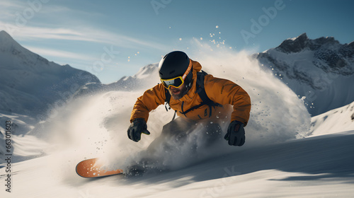 snowboarder in the mountains shredding some snow, California - Generative Ai photo