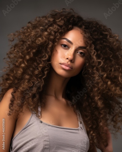 A young woman with long, curly hair, except for a large bald spot on the back of her head caused by alopecia. She is a social media influencer and often feels pressure to maintain a certain